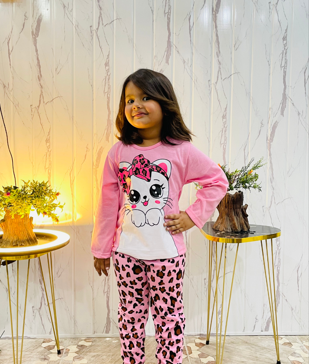 Pink Cute Kitty with cheetha pajama Printed Kids Night Suit (ZA-254)