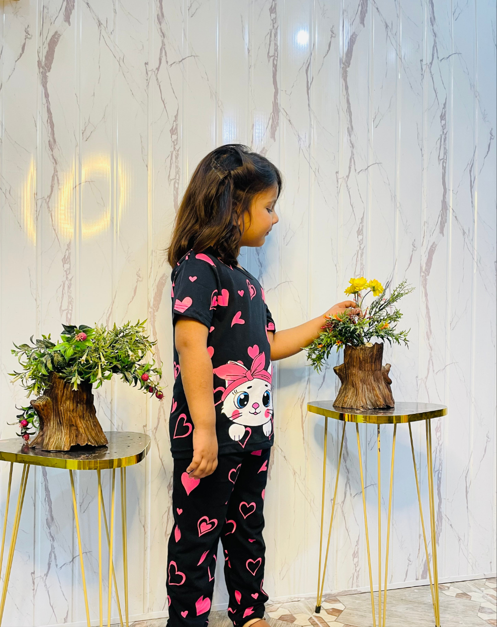 Black Kitty With Pink Hearts Print Kids Night Suit (ZA-241)