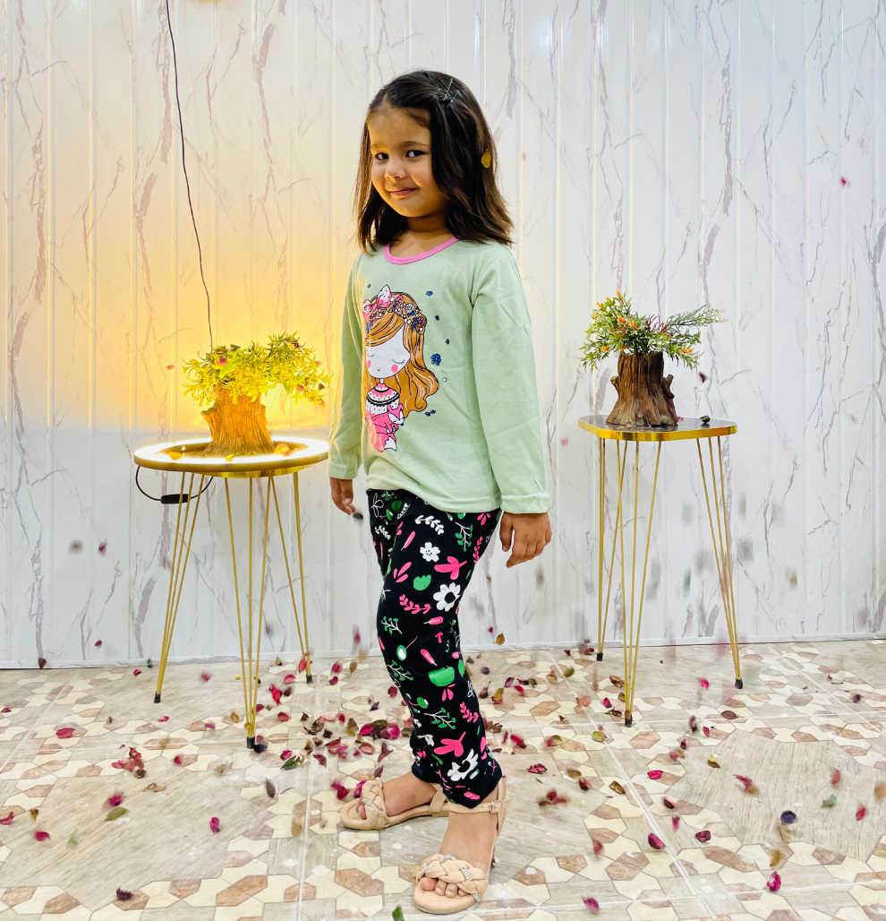 Green Sleepy Princess Printed Kids Night Suit (ZA-271)