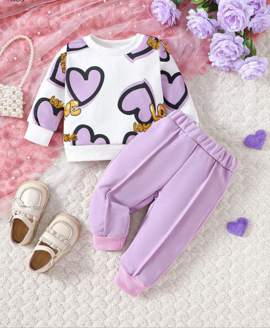 PurpleLove heart Print Sweatshirt With purple Trouser For Kids