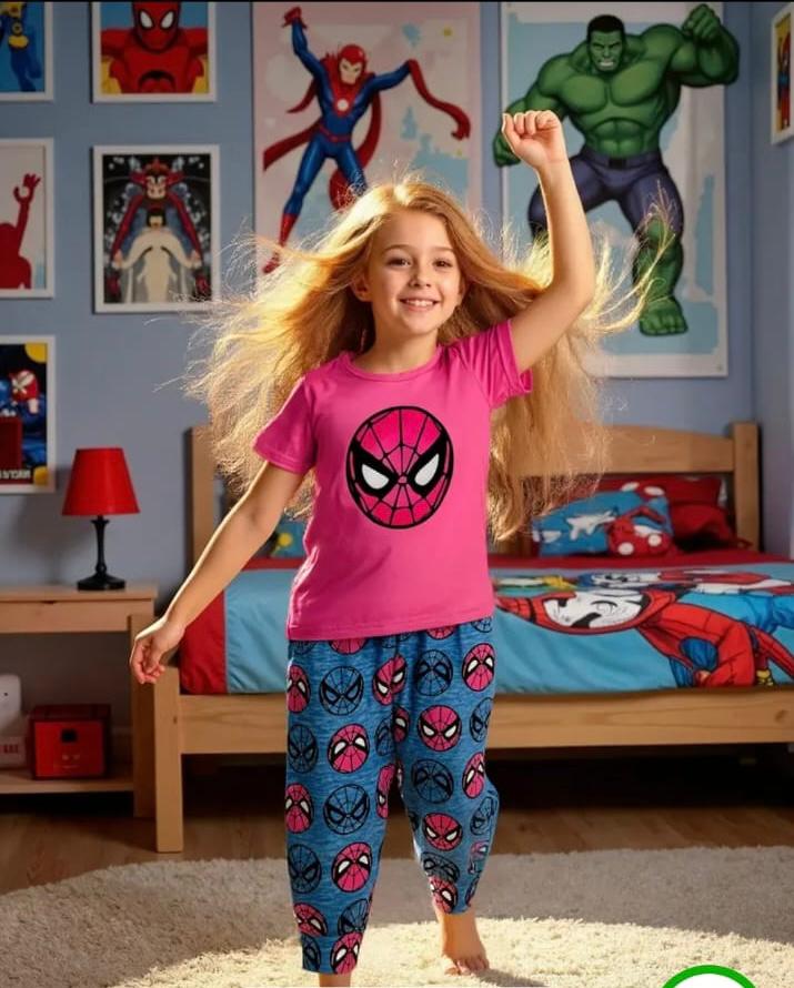 Pink Spider Girl Printed Kids Night Suit