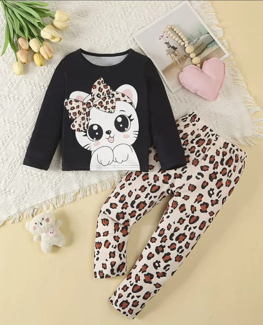Black Cute Kitty With Cheetha Pajama Printed Kids Night Suit