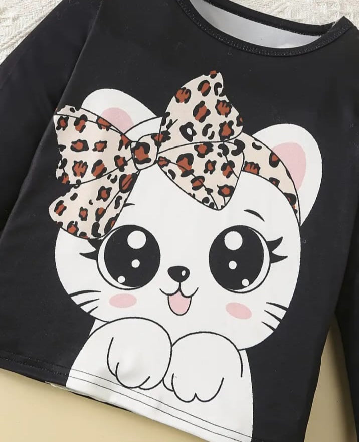 Black Cute Kitty With Cheetha Pajama Printed Kids Night Suit