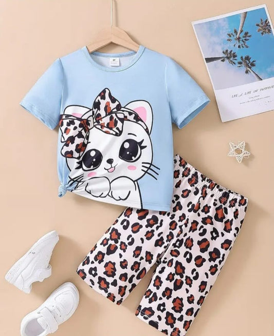 Blue Cute Kitty With Cheetha Pajama Printed Kids Night Suit