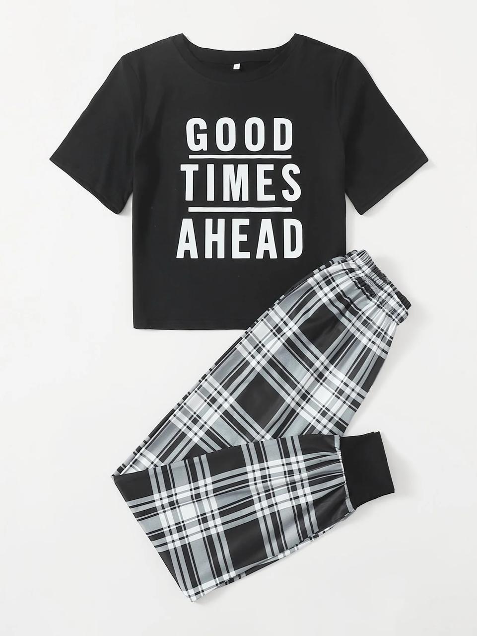 Black Good Time Ahead Print Half Sleeves Shirt With Check Printed Trouser (ZA-477)