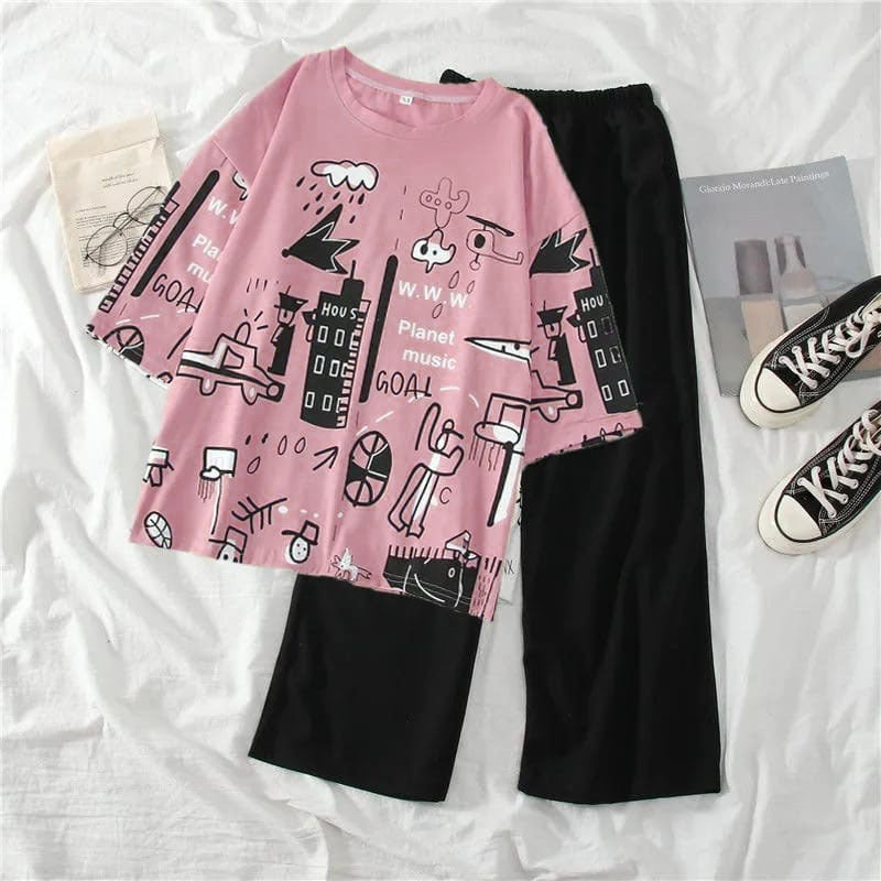 PINK PLANET MUSIC CITY GRAPHIC OVERSIZED SHIRT WITH BLACK PLAIN TROUSER (KO-NS-479)