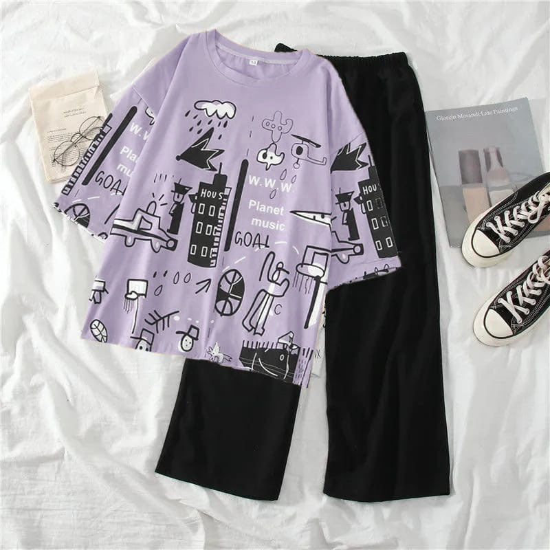 LILAC PLANET MUSIC CITY GRAPHIC OVERSIZED SHIRT WITH BLACK PLAIN TROUSER (KO-NS-478)