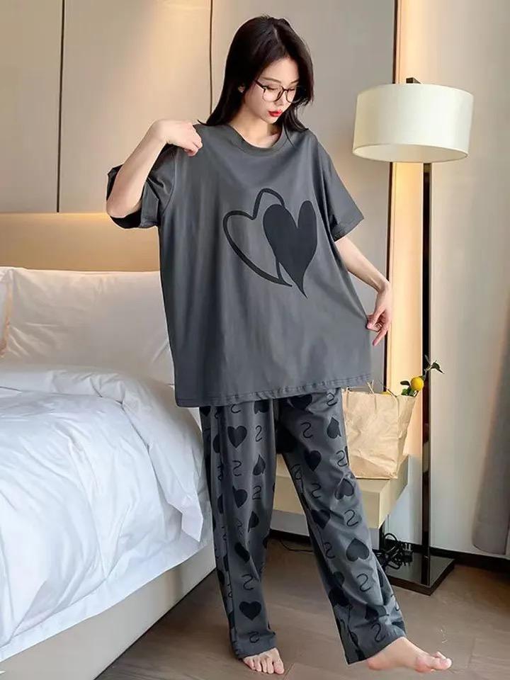 Charcoal Grey Hearts Printed Shirt With Hearts Printed Trouser (KO-NS-489)