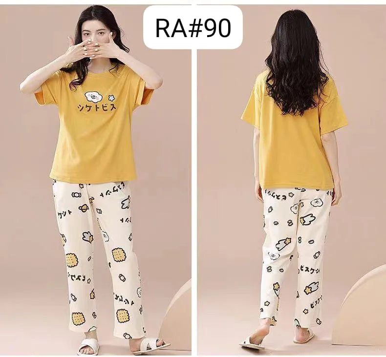 Yellow Little Bear Print Half Sleeves Printed Night Suit (ZA-499)