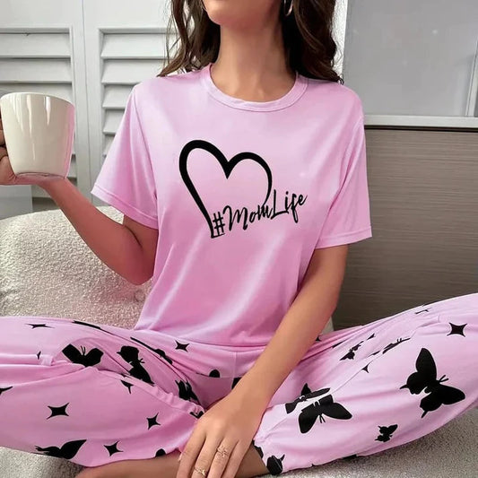 Pink mom Life Heart Print Half Sleeves Shirt With Butterfly Printed Trouser (KO-NS-441)