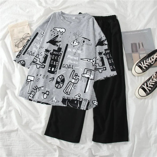 GREY PLANET MUSIC CITY GRAPHIC OVERSIZED SHIRT WITH BLACK PLAIN TROUSER (KO-NS-452)