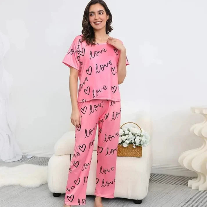 Pink Love Heart Print Half Sleeves Shirt With Printed Trouser (KO-NS-440)