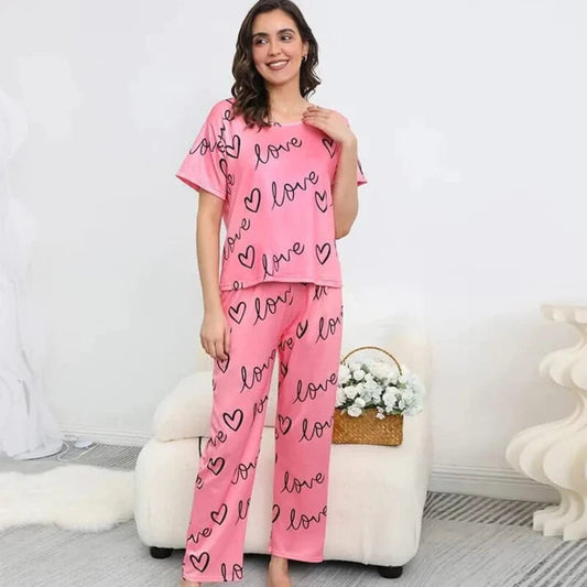 Pink Love Heart Print Half Sleeves Shirt With Printed Trouser (KO-NS-440)