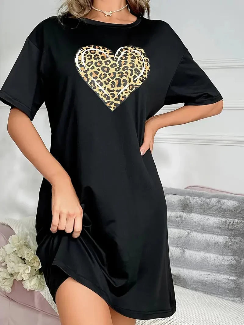 Black With Cheetah Heart Print Long Shirt For Women (KO-LS-509)