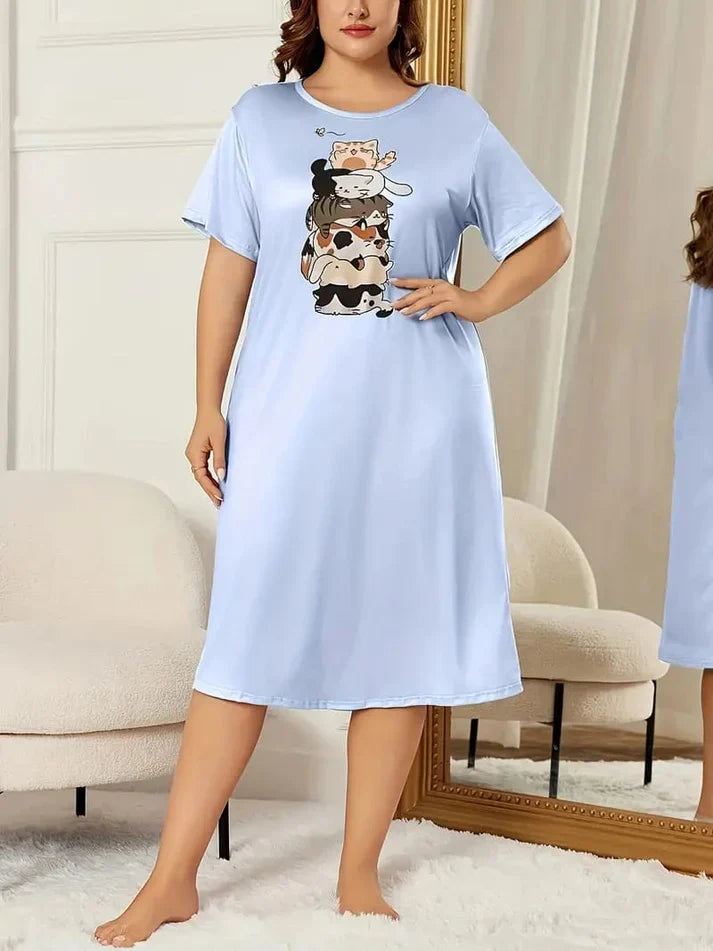 Sky Blue Cats Print Long Shirt For Women (KO-LS-512)