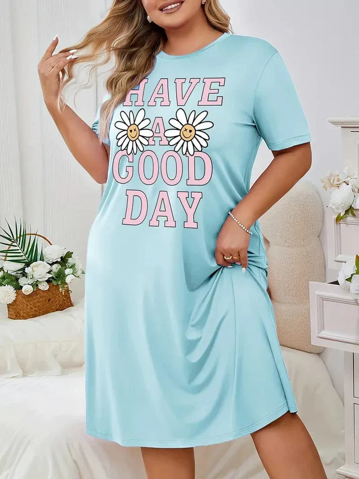 Sky Blue Have A Good Day Print Long Shirt For Women (KO-LS-516)