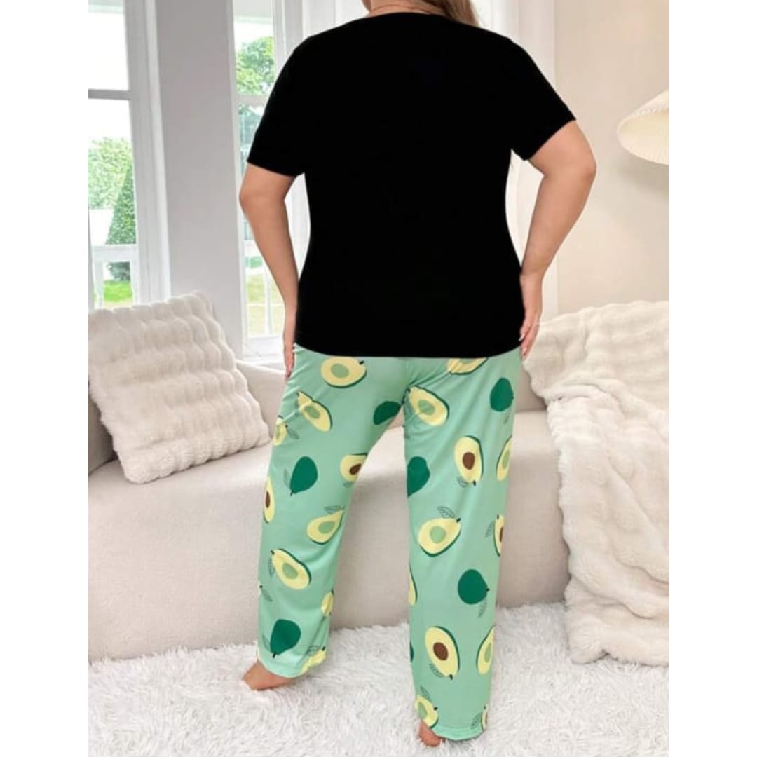 Black Avocado Print Half Sleeves T-shirt With green Avacado Print Pajama Suit (RX-218)