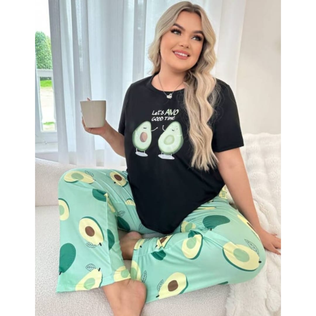 Black Avocado Print Half Sleeves T-shirt With green Avacado Print Pajama Suit (RX-218)