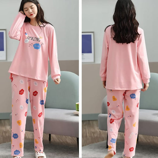 Pink Amazing Print Full Sleeves T-shirt With Printed Pajama Suit (ZA-221)