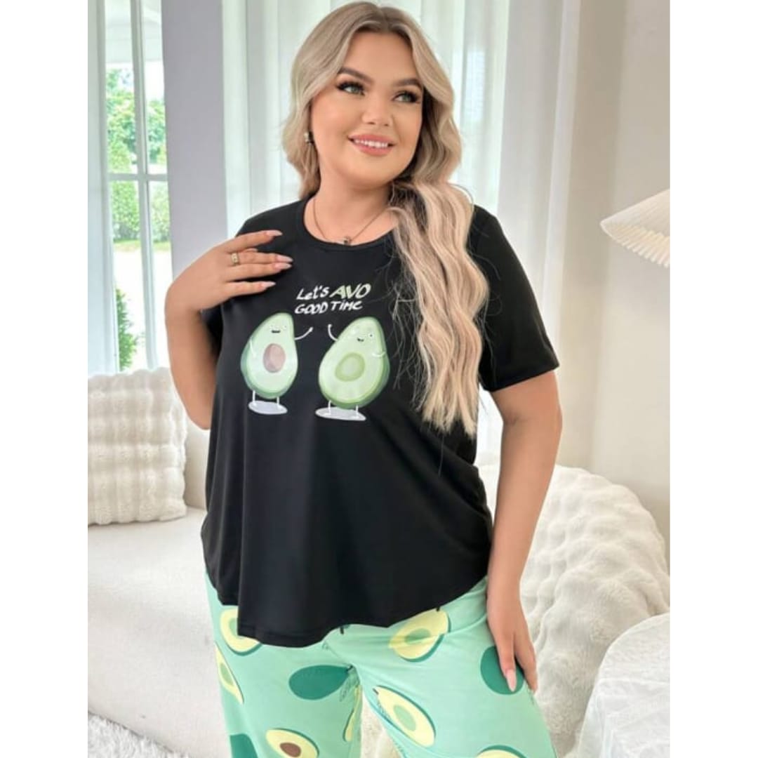 Black Avocado Print Half Sleeves T-shirt With green Avacado Print Pajama Suit (RX-218)