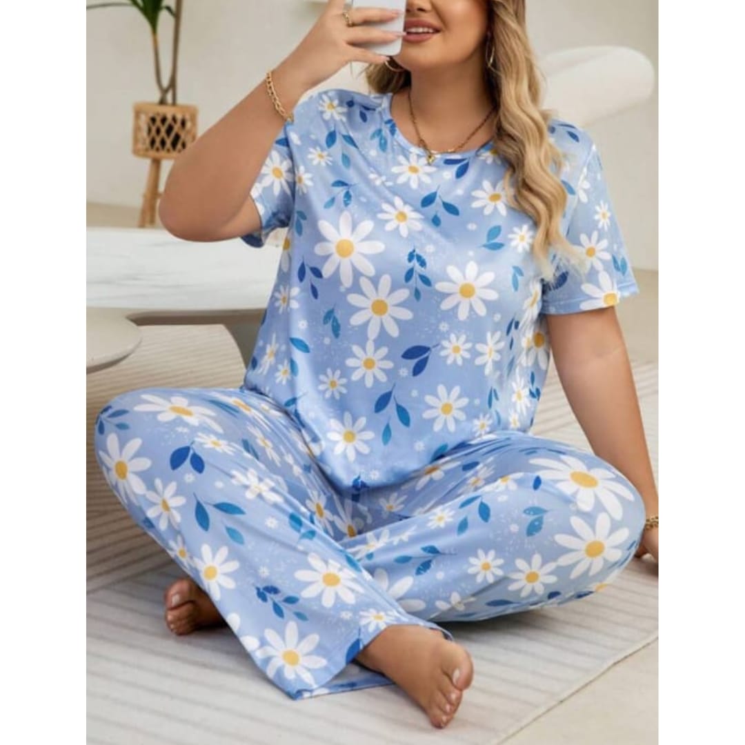 Blue Flowers Print Half Sleeves T-shirt With Flowers Print Pajama Suit (RX-219)