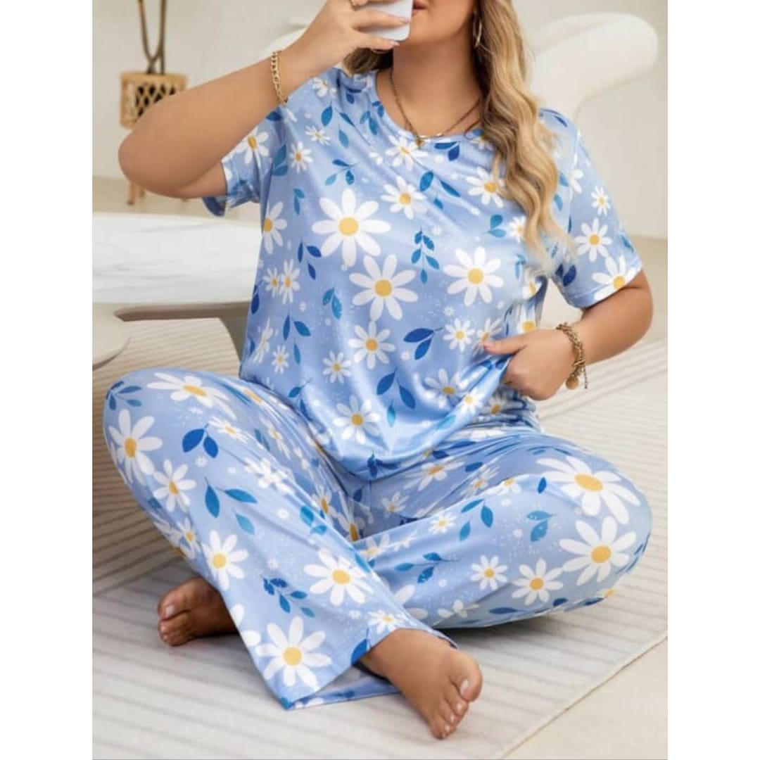 Blue Flowers Print Half Sleeves T-shirt With Flowers Print Pajama Suit (RX-219)