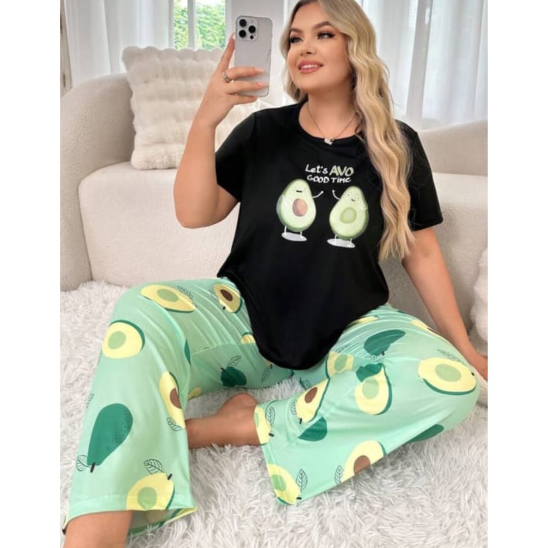 Black Avocado Print Half Sleeves T-shirt With green Avacado Print Pajama Suit (RX-218)