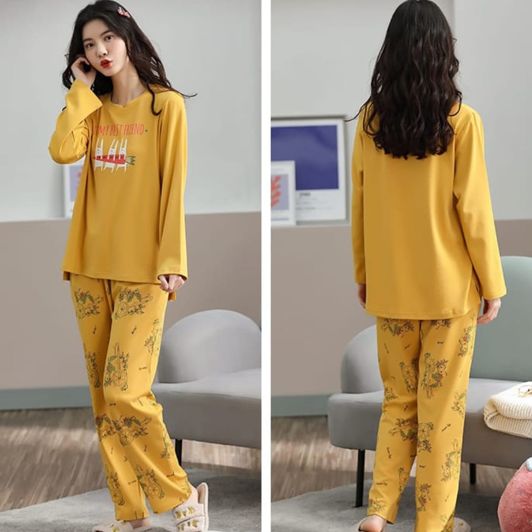 Yellow Bestfriend Print Full Sleeves T-shirt With Printed Pajama Suit (ZX-222)