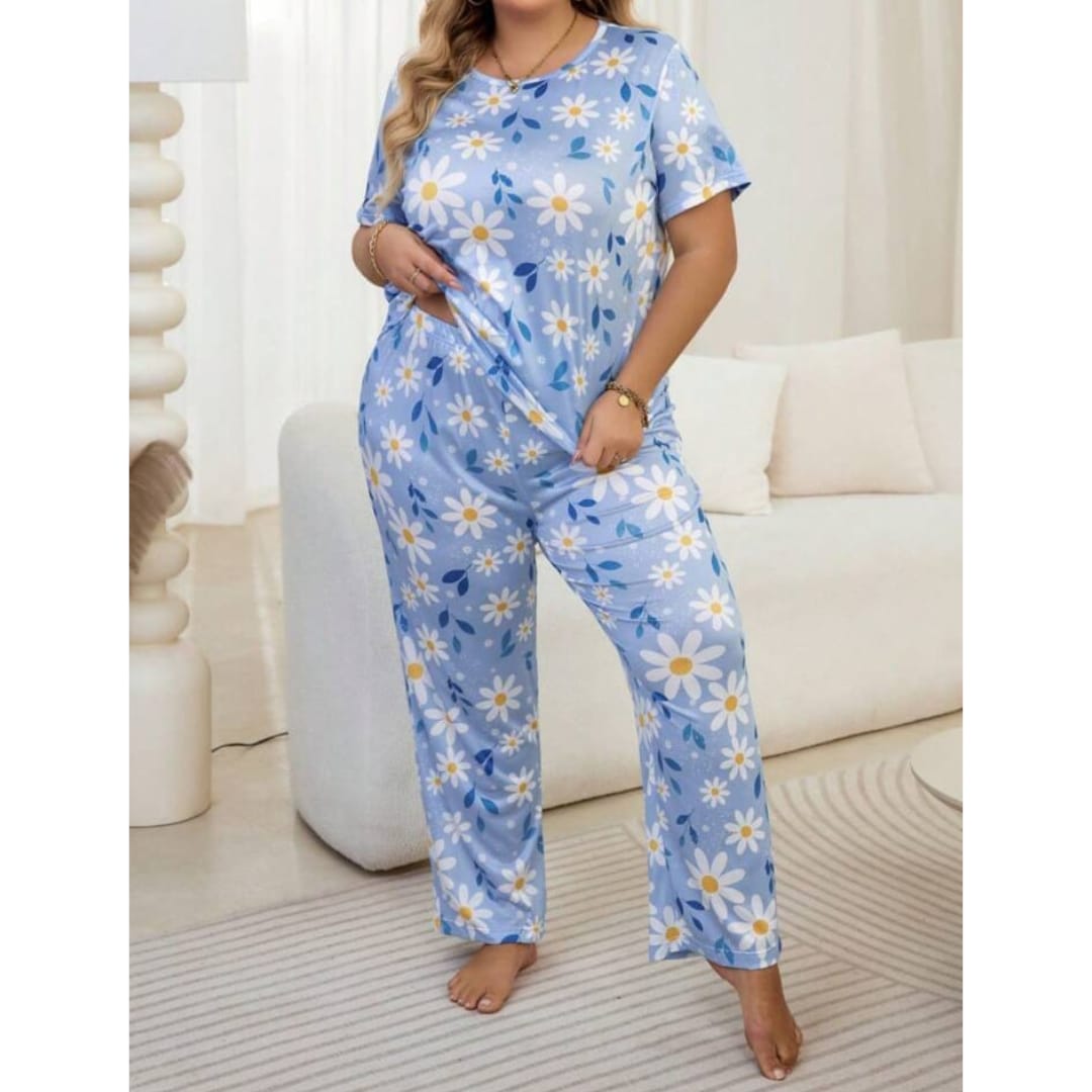 Blue Flowers Print Half Sleeves T-shirt With Flowers Print Pajama Suit (ZA-219)