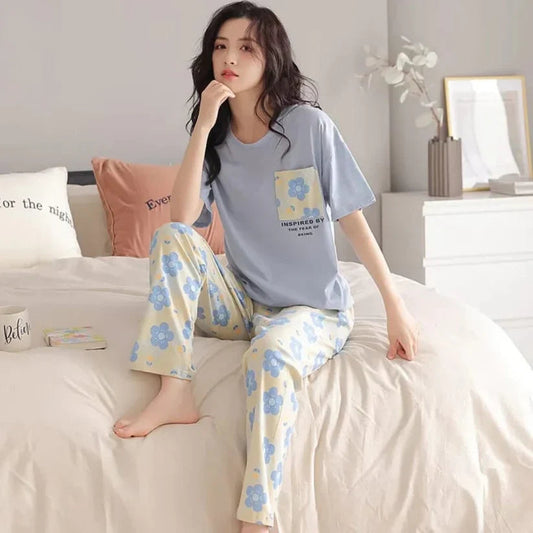 Blue Flower Pocket Print Half Sleeves T-shirt With Flowers Print Pajama Suit (RX-220)