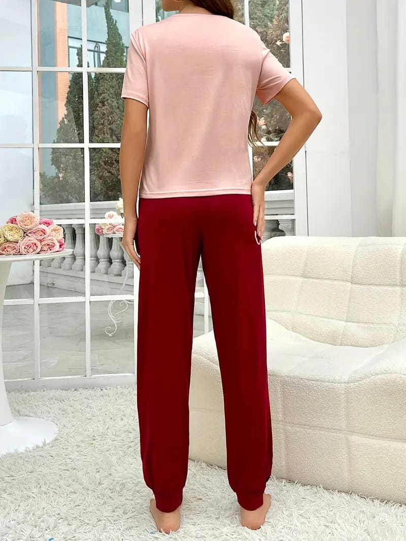 Pink Sleep Print half Sleeves T-shirt With Sleep Print Pajama Suit (RX-223)