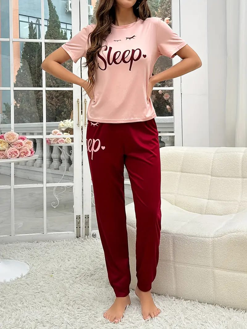 Pink Sleep Print half Sleeves T-shirt With Sleep Print Pajama Suit (RX-223)