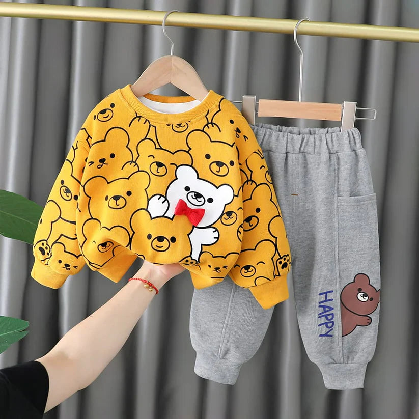 Yellow Bears Print Sweatshirt With Grey Trouser For Kids (ZA-520)