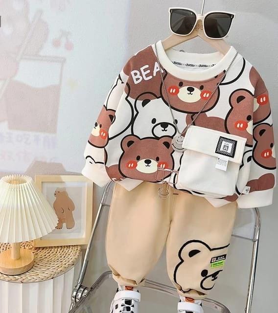 white Bear pocket Print Sweatshirt With Trouser For Kids (ZA-M-206)