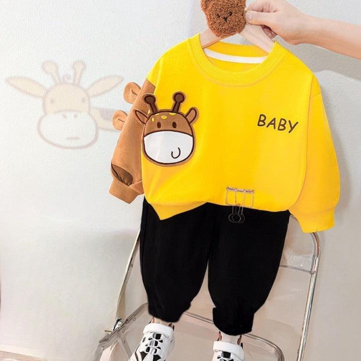 Yellow Cow Printed Sweatshirt with black trousers Kids track suit (ZA-RX-238)