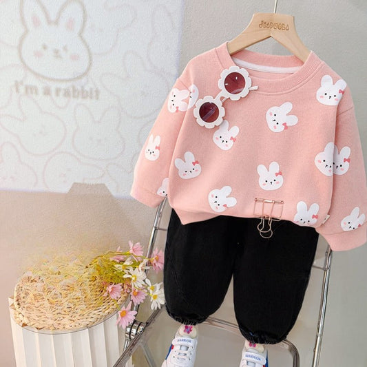 Baby Pink with White kitty Printed Sweatshirt with black trousers Kids track suit (ZA-RX-237)