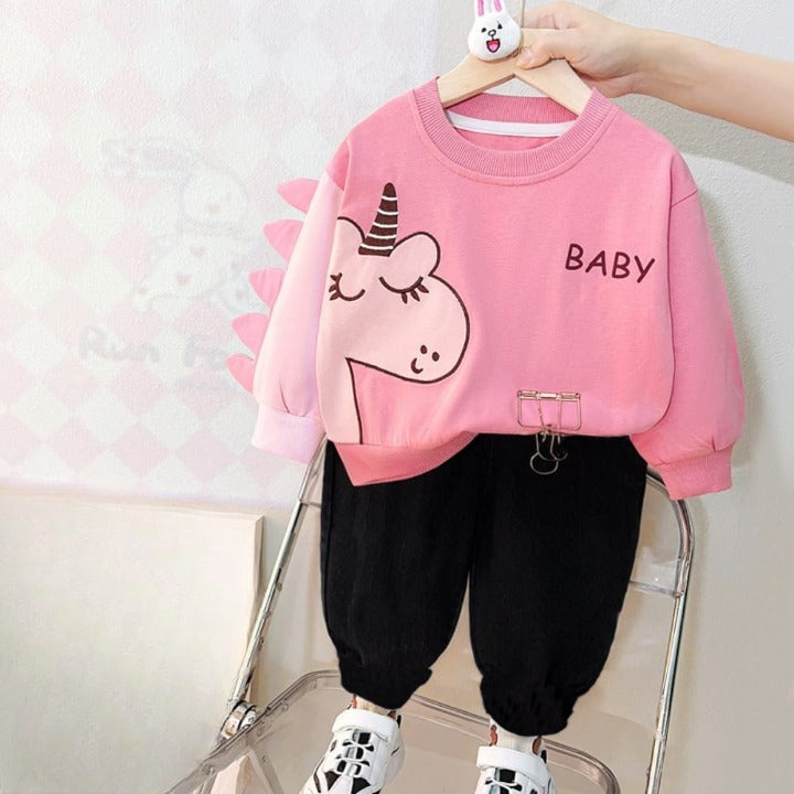 Baby Pink Unicorn Printed Sweatshirt with black trousers Kids track suit (ZA-RX-234)