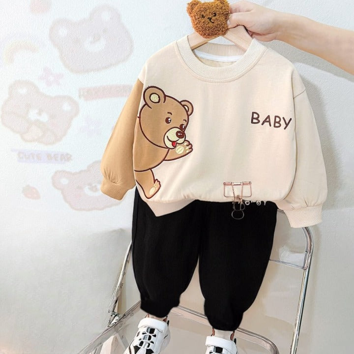 Offwhite Cute Bear Printed Sweatshirt with black trousers Kids track suit (ZA-RX-235)