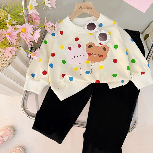 Offwhite two kitty Printed Sweatshirt with black trousers Kids track suit (ZA-RX-236)