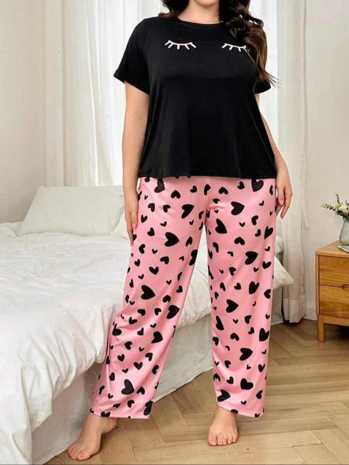 Black Sleepy Eyes Printed T.shirt with Hearts printed trouser Night wear (ZA-295)
