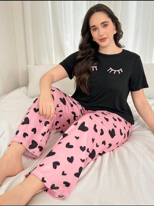 Black Sleepy Eyes Printed T.shirt with Hearts printed trouser Night wear (ZA-295)