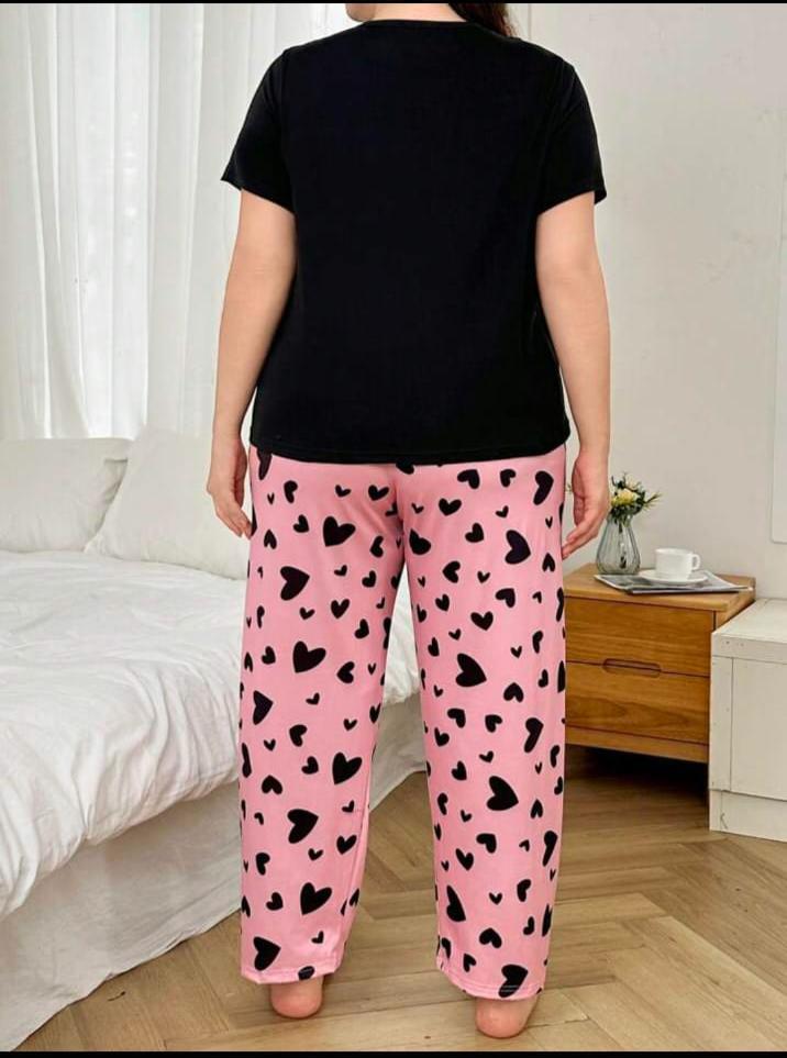 Black Sleepy Eyes Printed T.shirt with Hearts printed trouser Night wear (ZA-295)
