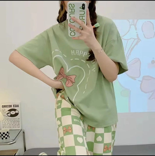 Olive Green Happy Day Printed PJ Set For Her