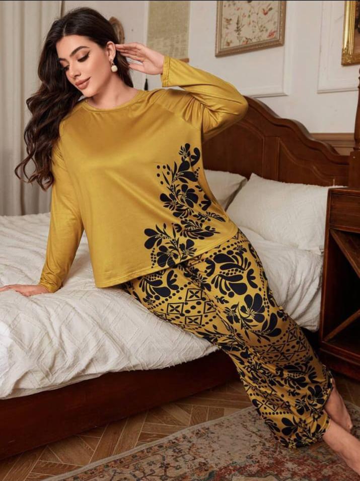 Brown Floral Print Half Sleeves with floral Printed pajama Night Suit