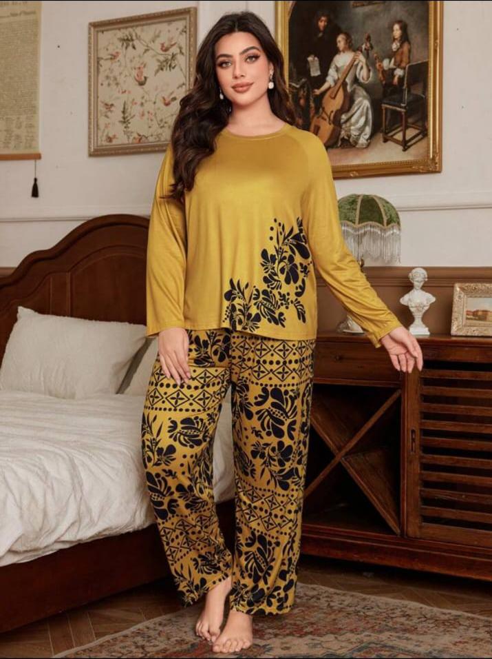 Brown Floral Print Half Sleeves with floral Printed pajama Night Suit