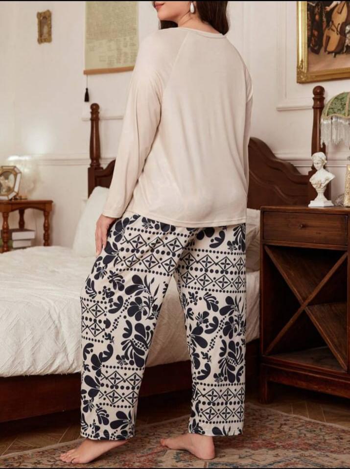 Off white Floral Print Half Sleeves with floral Printed pajama Night Suit