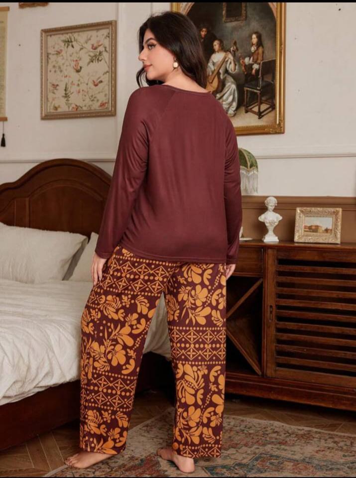 Maroon Floral Print Half Sleeves with floral Printed pajama Night Suit