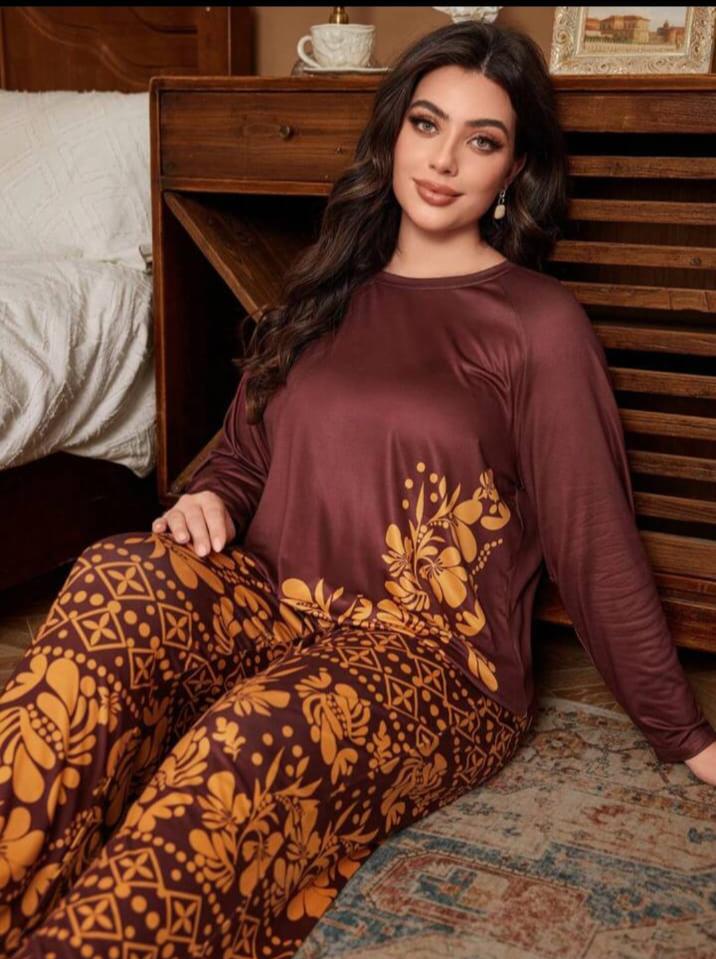 Maroon Floral Print Half Sleeves with floral Printed pajama Night Suit