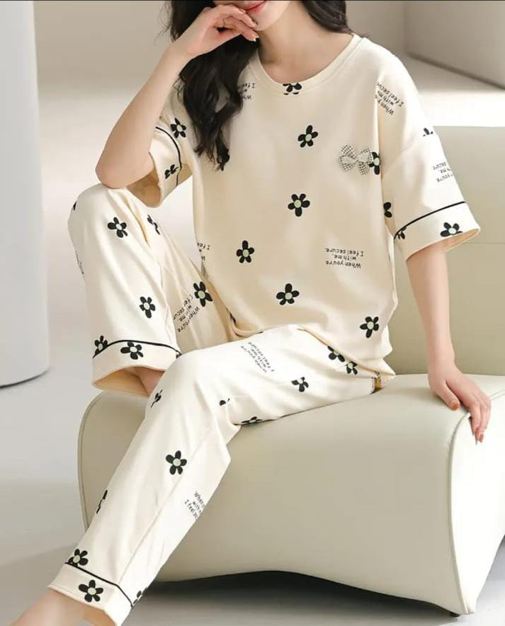 Off White Black All Over Flowers PJ Set For Her