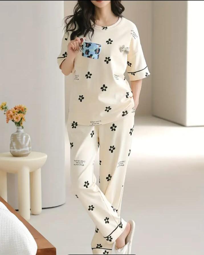 Off White Black All Over Flowers PJ Set For Her